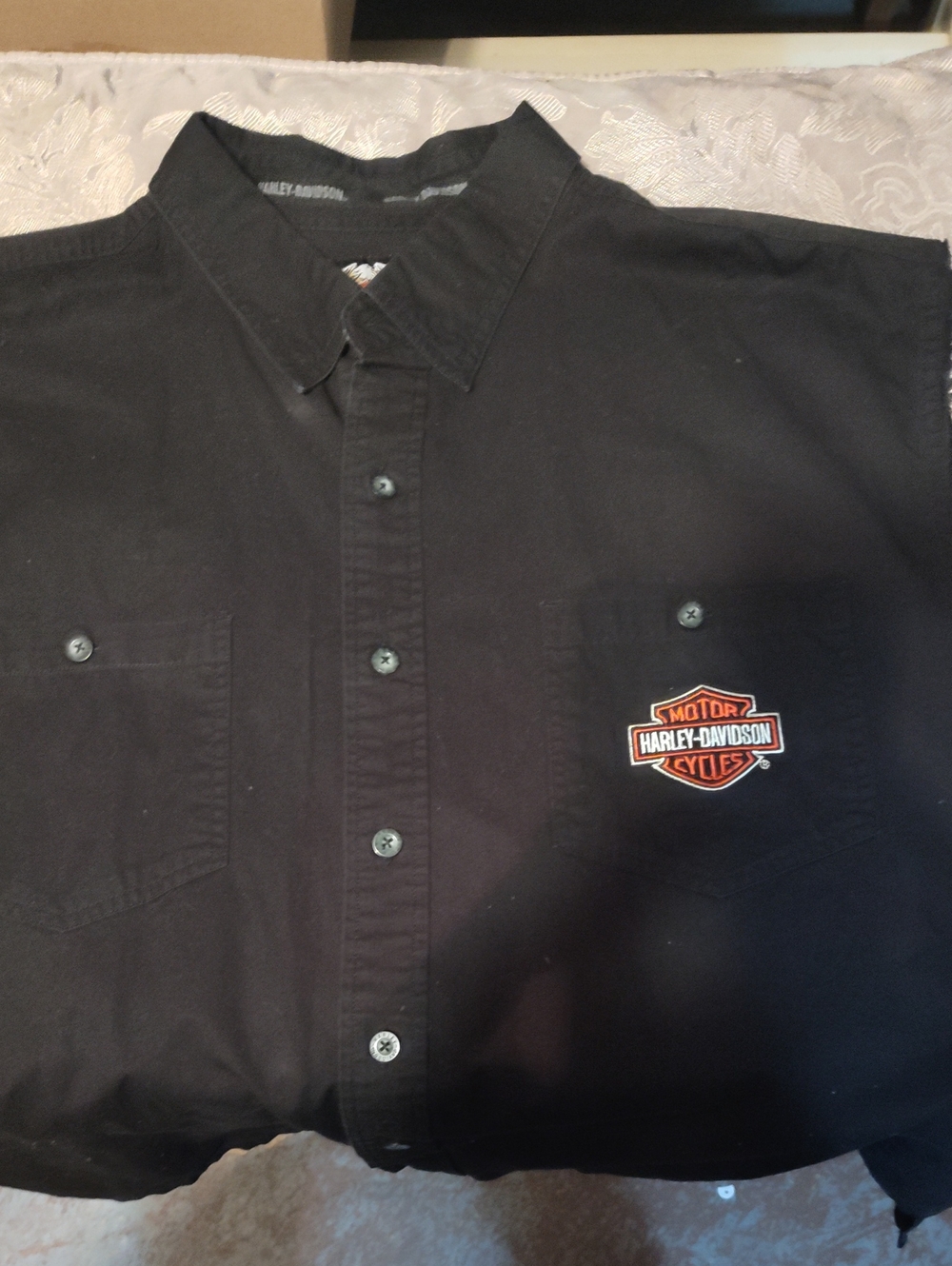 Harley-Davidson Black Button-Down Shirt with Orange Logo Patch
